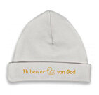 Babymutsje-wit-62-68-Ik-ben-er-eendje-van-God-oker